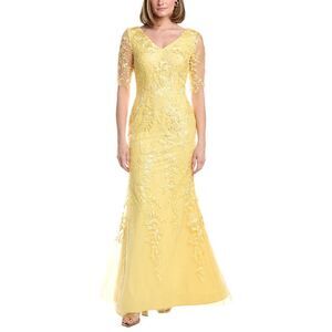 Rene Ruiz Womens V-Neck Elbow Sleeves Trumpet Gown, Yellow